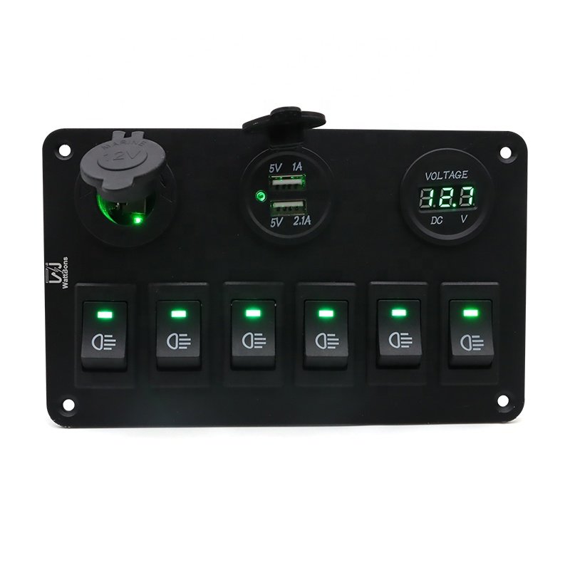 6 Gang Fog Rocker Switch Panel LED Light, Cigarette Lighter USB Charger Socket LED Voltmeter Marine Boat Toggle Switch Panel