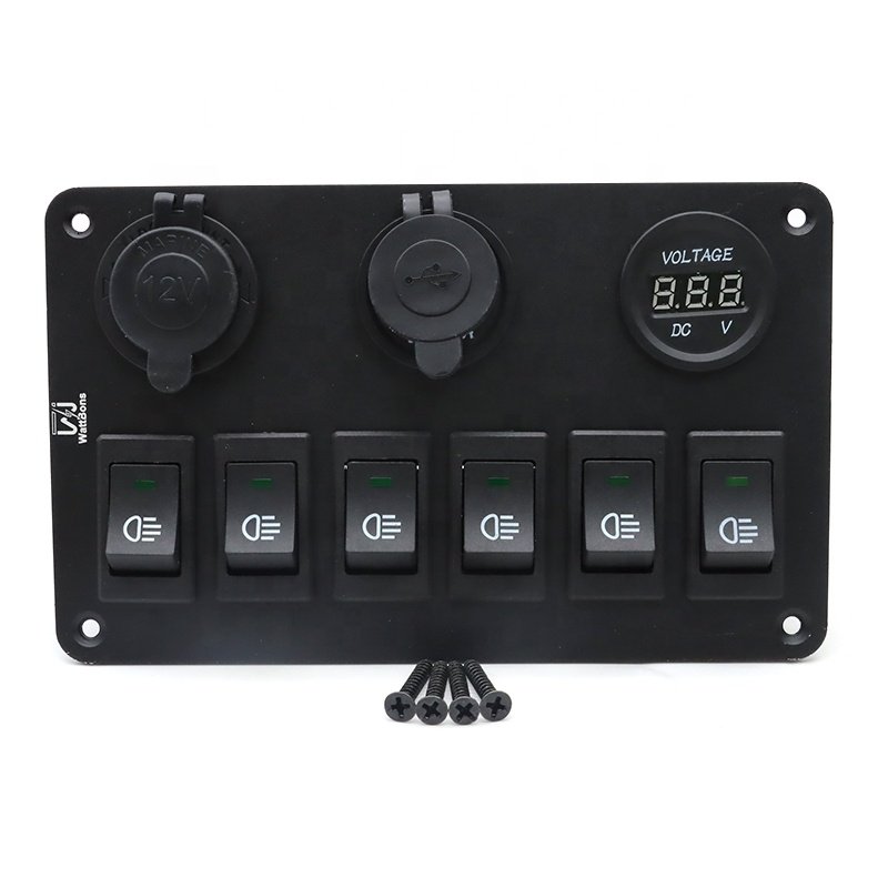 6 Gang Fog Rocker Switch Panel LED Light, Cigarette Lighter USB Charger Socket LED Voltmeter Marine Boat Toggle Switch Panel