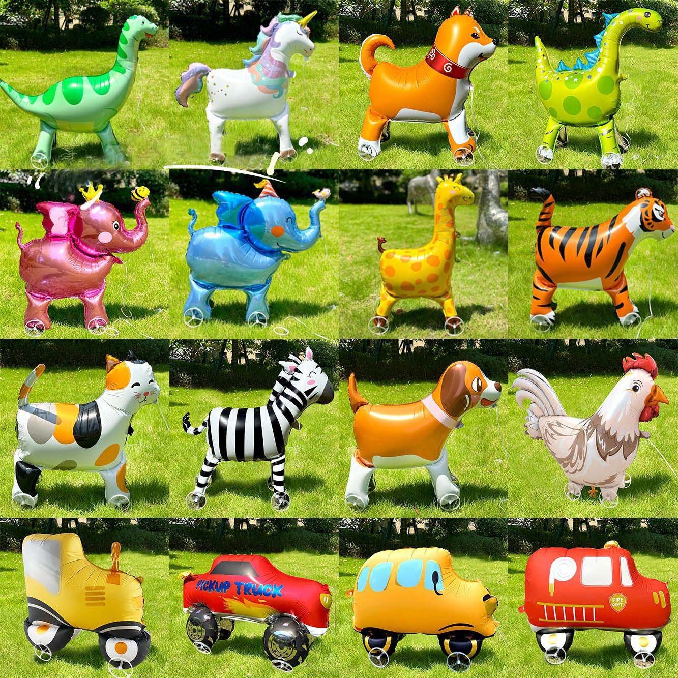 New 3D Cartoon Self-Standing Foil Balloon Jungle Walking Animal Balloons Happy Birthday Party Decoration Wheeled Animal Balloon