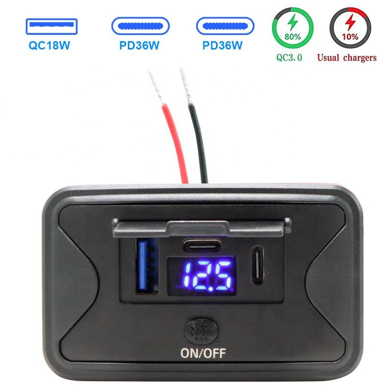 12v-24v 90W Dual PD3.0 USB C 36W & QC3.0 18W 3-Ports Car Charger Socket Accessories for Car Bus RV Truck Camper