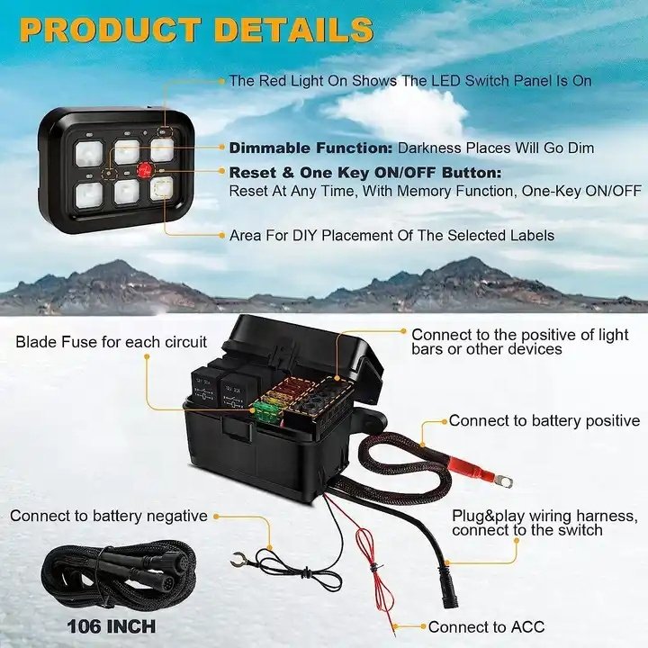 4x4 Switch Panel 6 Gang Fuse Relay Box Automatic Dimmable 12V RGB Control Button Switch Panel for Race Car Truck RV Offroad Jeep