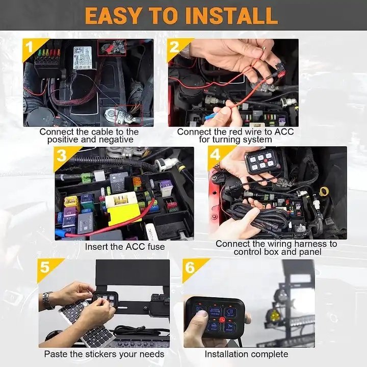 4x4 Switch Panel 6 Gang Fuse Relay Box Automatic Dimmable 12V RGB Control Button Switch Panel for Race Car Truck RV Offroad Jeep