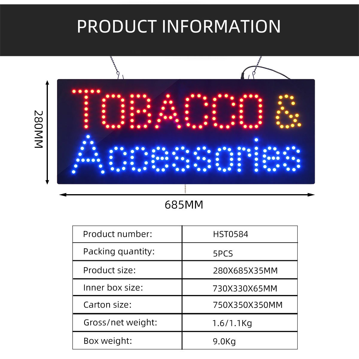 11*27 Inch Bright TOBACCO Accessories Smoking Shop Signs, Led Indoor Display Advertising Light Animated Sigage for Smoke Shop