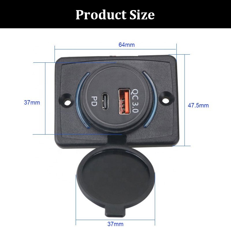 DC 12V 24V Panel Surface Mount 48W Dual Type C PD QC 3.0 USB Port Bus Socket Car Charger Socket