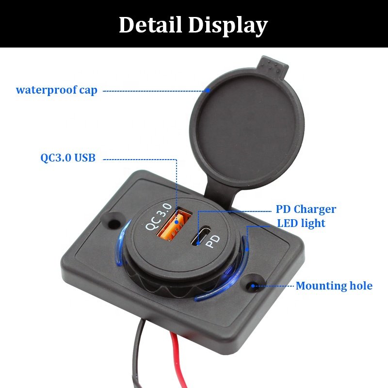 DC 12V 24V Panel Surface Mount 48W Dual Type C PD QC 3.0 USB Port Bus Socket Car Charger Socket