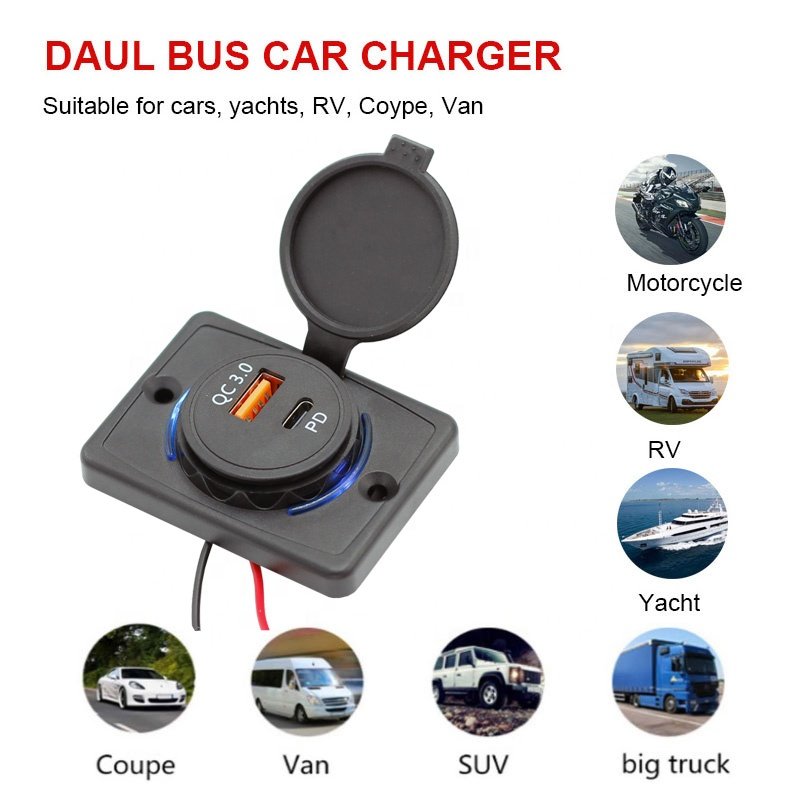 DC 12V 24V Panel Surface Mount 48W Dual Type C PD QC 3.0 USB Port Bus Socket Car Charger Socket