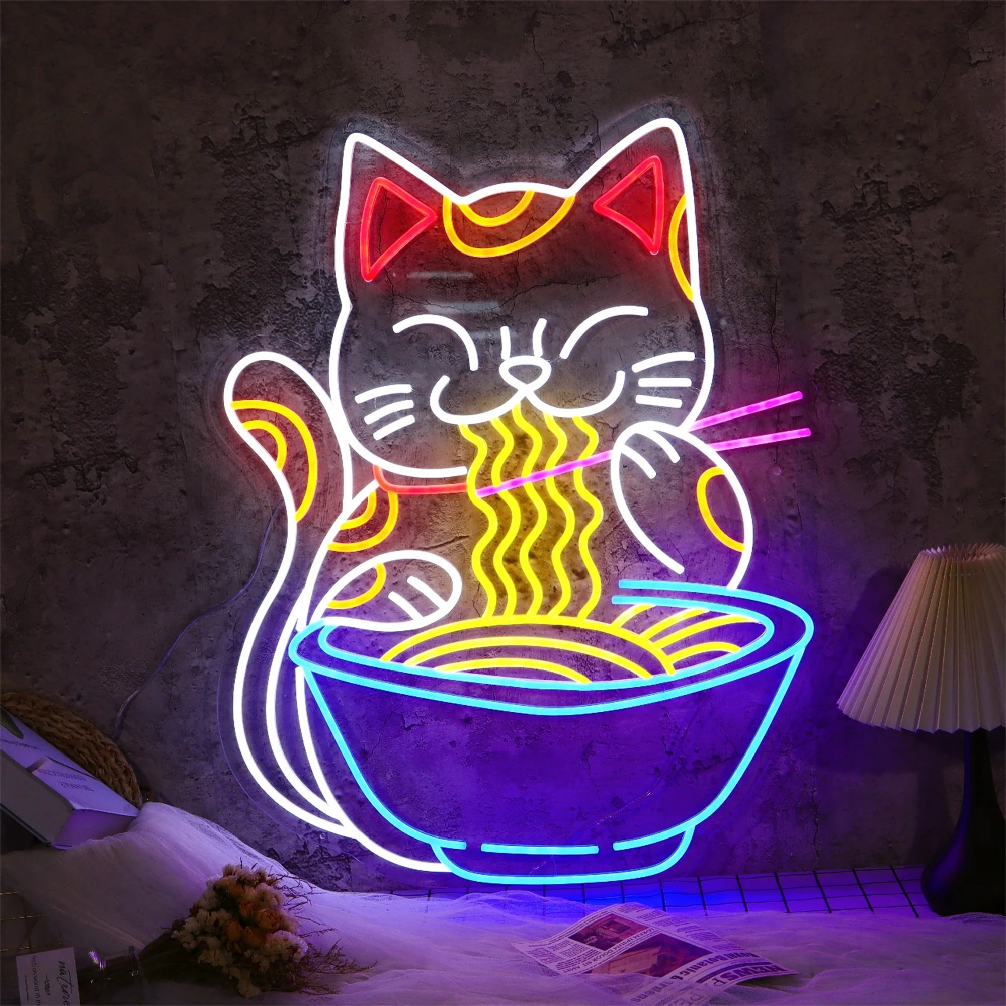 Custom logo Led Neon Sign Store Business Lighting Design Noodles Cat Neon Sign Light Led for Restaurant Wall Decoration
