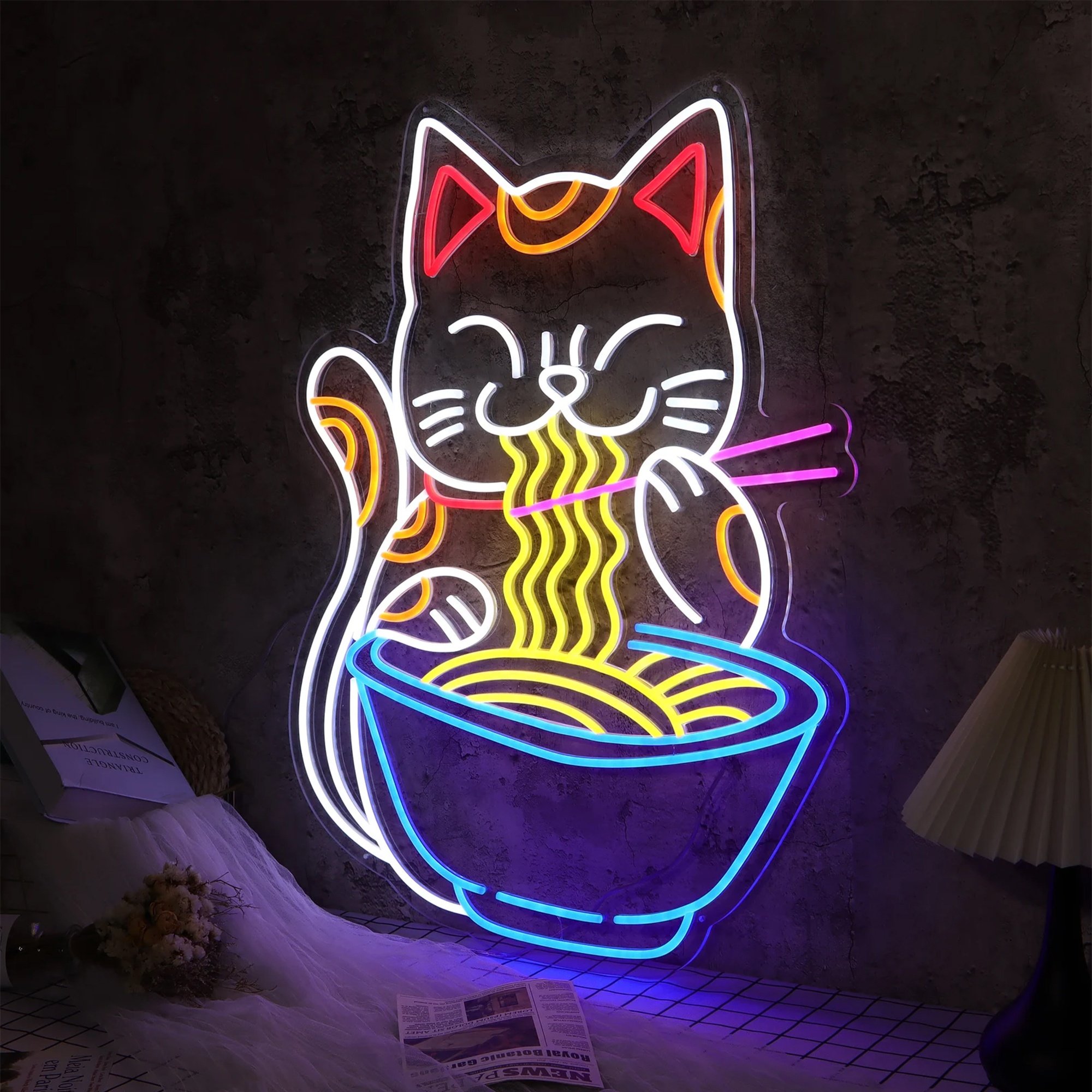 Custom logo Led Neon Sign Store Business Lighting Design Noodles Cat Neon Sign Light Led for Restaurant Wall Decoration