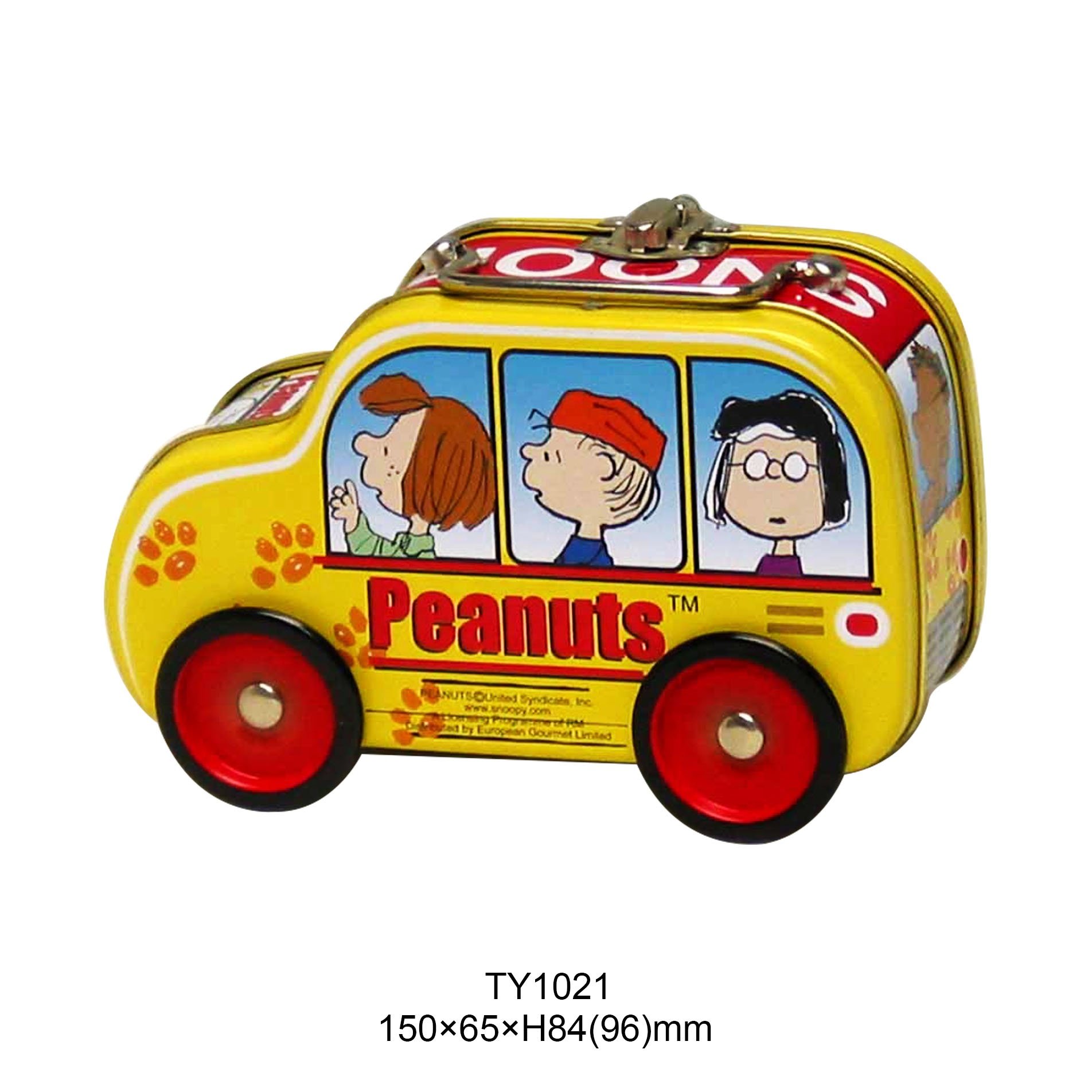 JH Eco-Friendly Metal Tin Box Attractive School Bus Car Shape With Wheels for Storing Toys Candles Crafts Stickers