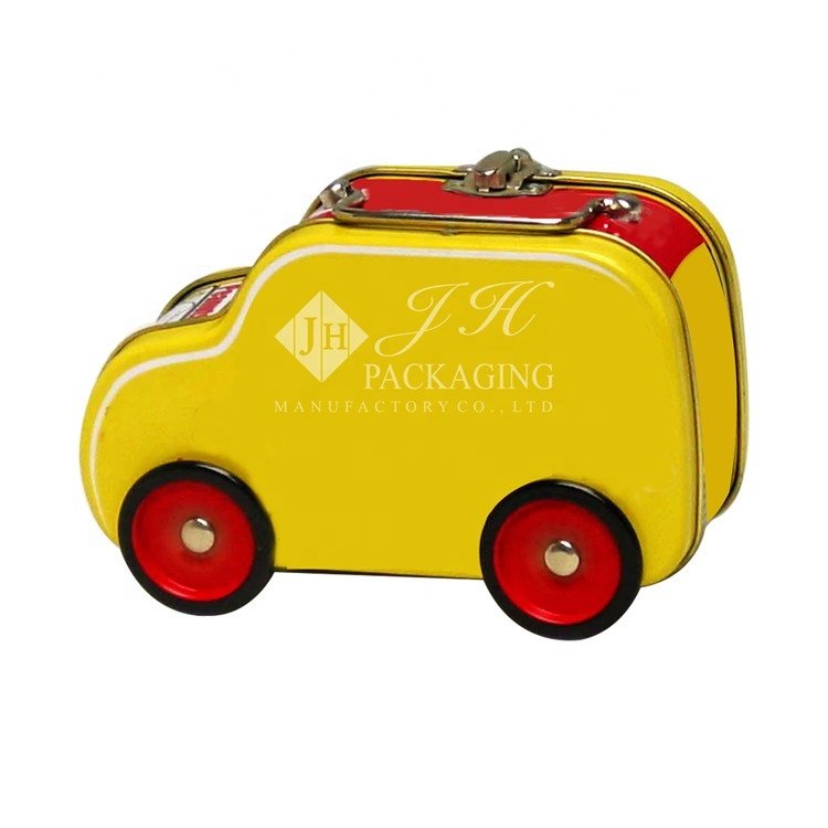 JH Eco-Friendly Metal Tin Box Attractive School Bus Car Shape With Wheels for Storing Toys Candles Crafts Stickers