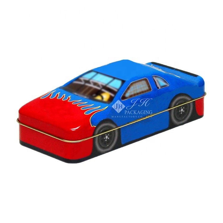 JH Eco-Friendly Metal Tin Box Attractive School Bus Car Shape With Wheels for Storing Toys Candles Crafts Stickers