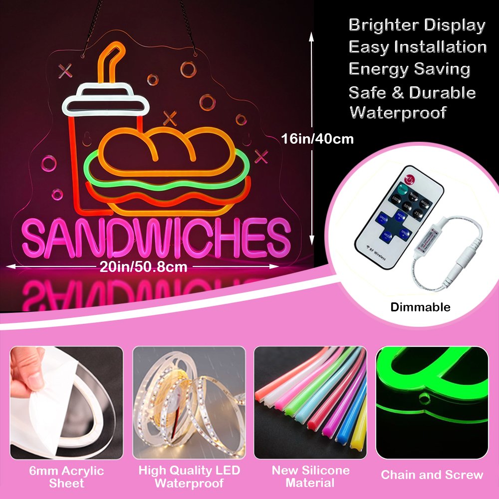 Restaurant Business Custom 3D Led Neon Light Fast Food Sandwich and Coffe Hamburger Neon Food Decoration