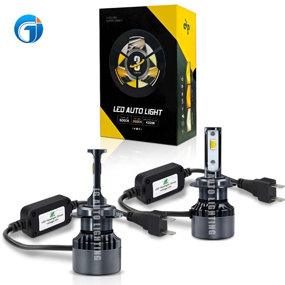 JG Auto Led Tri Color Headlight 6000K/3000K/4300K H4 H7 H11 9005 9006 Led Car Headlights Tricolor Fog Lights