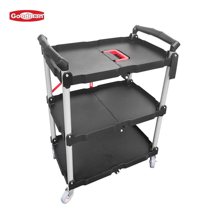 Folding Service Cart with Wheels, Heavy Duty Metal 3 Tier Foldable Utility Cart W/Universal Wheel & Compartments