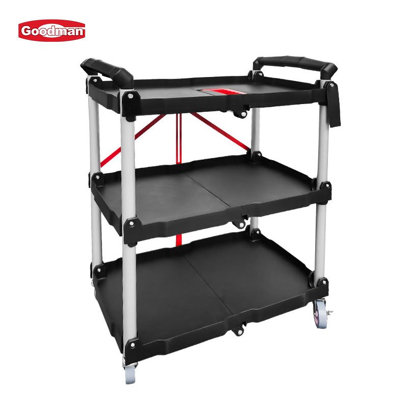 Folding Service Cart with Wheels, Heavy Duty Metal 3 Tier Foldable Utility Cart W/Universal Wheel & Compartments