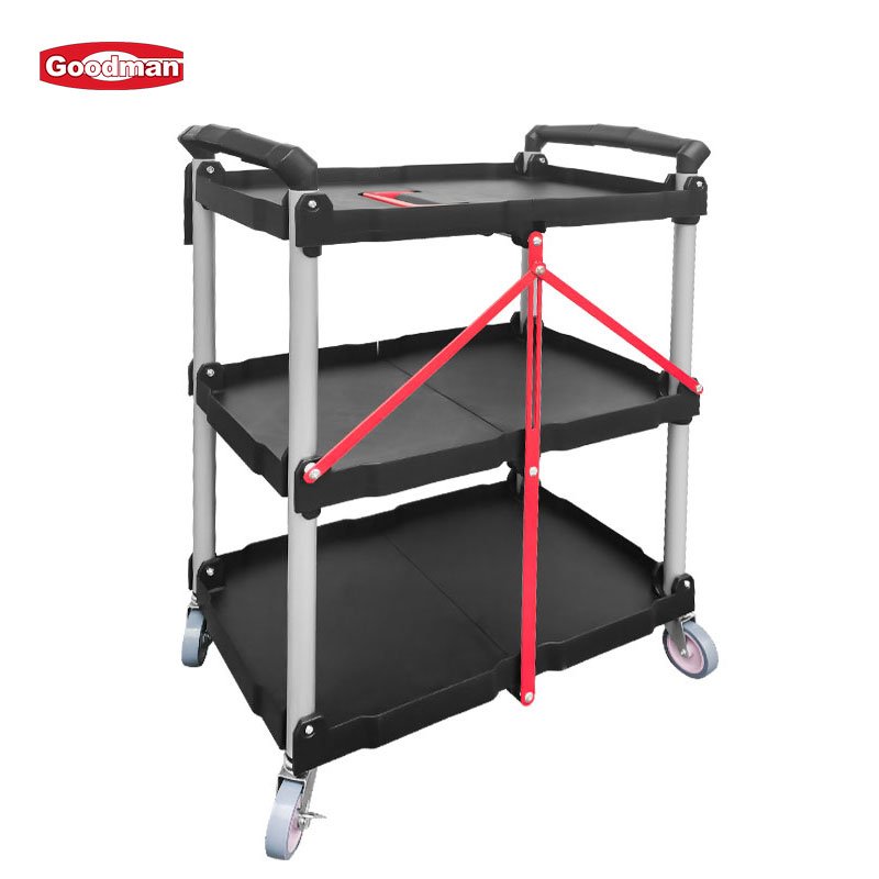 Folding Service Cart with Wheels, Heavy Duty Metal 3 Tier Foldable Utility Cart W/Universal Wheel & Compartments