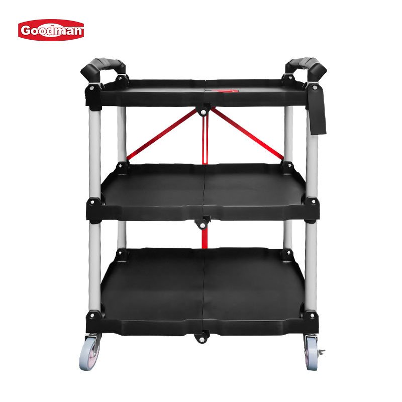 Folding Service Cart with Wheels, Heavy Duty Metal 3 Tier Foldable Utility Cart W/Universal Wheel & Compartments