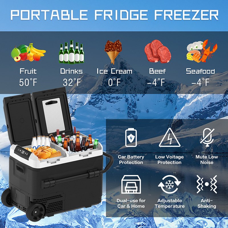 50L Mini Deep 12 Volt Solar Powered RV Camping Refrirator Car Frids with Wheels Freezer for Mini Deep Camping