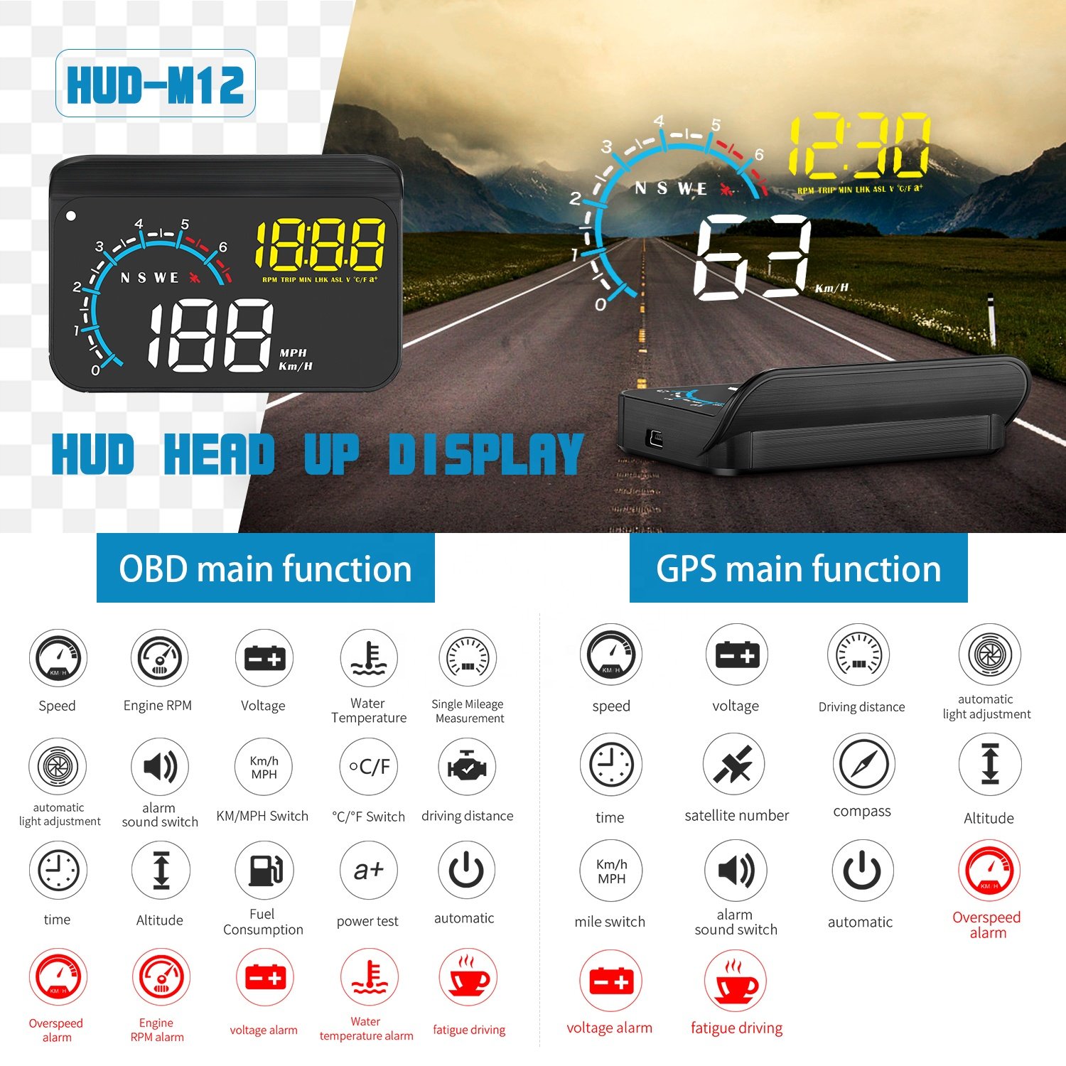 3.5inch Hud Gps M12 with 6 Car Diagnostic Tools Alarm Function Obd2 Head up Displays Universal