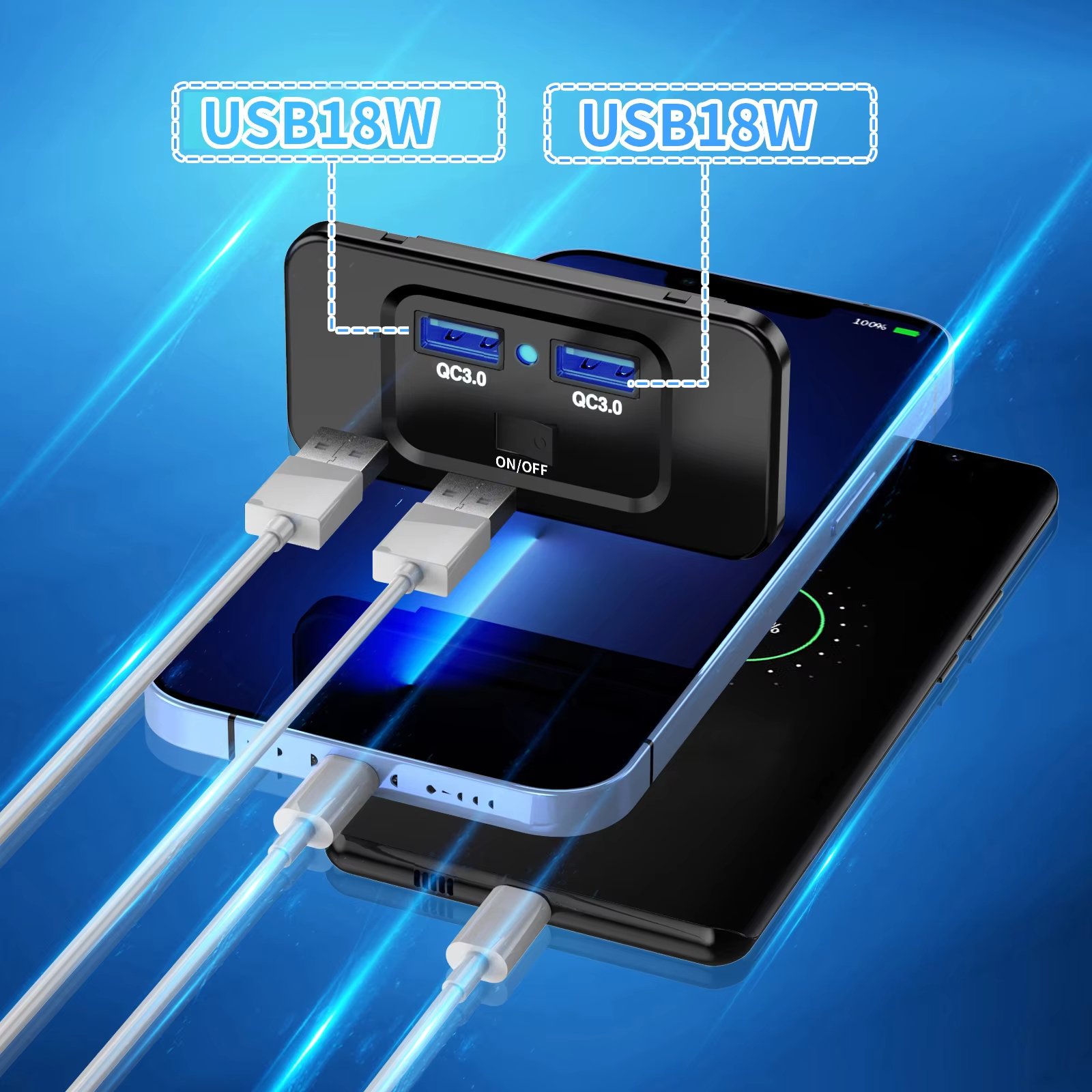 New Dual USB Port Car Charger with ON-OFF Switch 36W QC3.0 RV 12-24V Adapter USB Socket for Cars Bus ATV Boat
