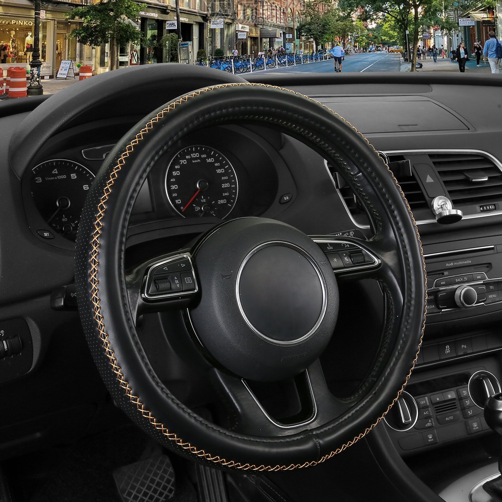 Premium Sports-Style Non-Slip Rubber Steering Wheel Cover Breathable Design for Cars SUVs Trucks