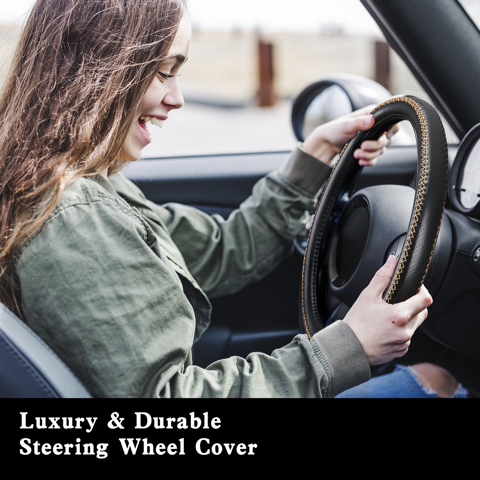 Premium Sports-Style Non-Slip Rubber Steering Wheel Cover Breathable Design for Cars SUVs Trucks