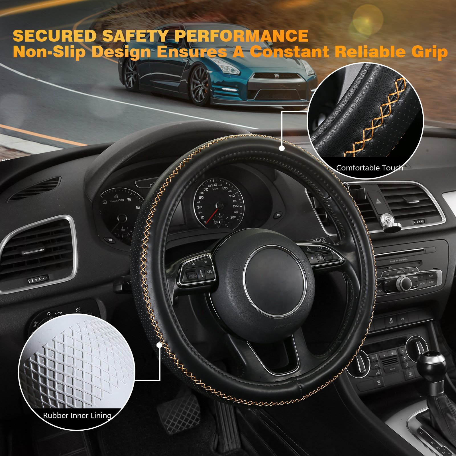 Premium Sports-Style Non-Slip Rubber Steering Wheel Cover Breathable Design for Cars SUVs Trucks