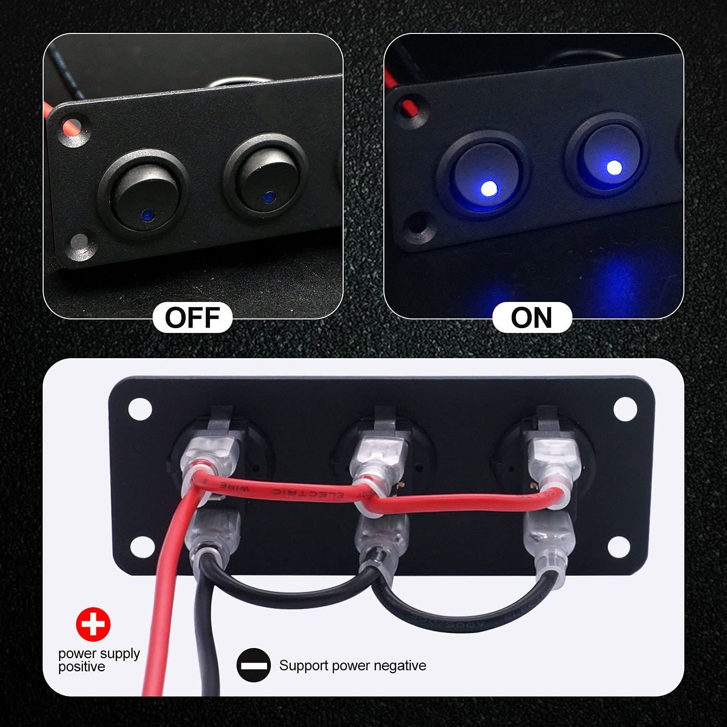 3 Gang Rocker Switch Metal Panel LED 12V 3 PIN Illuminate Round Rocker Toggle Switch on OFF 20A for Car Truck Boat RV ATV