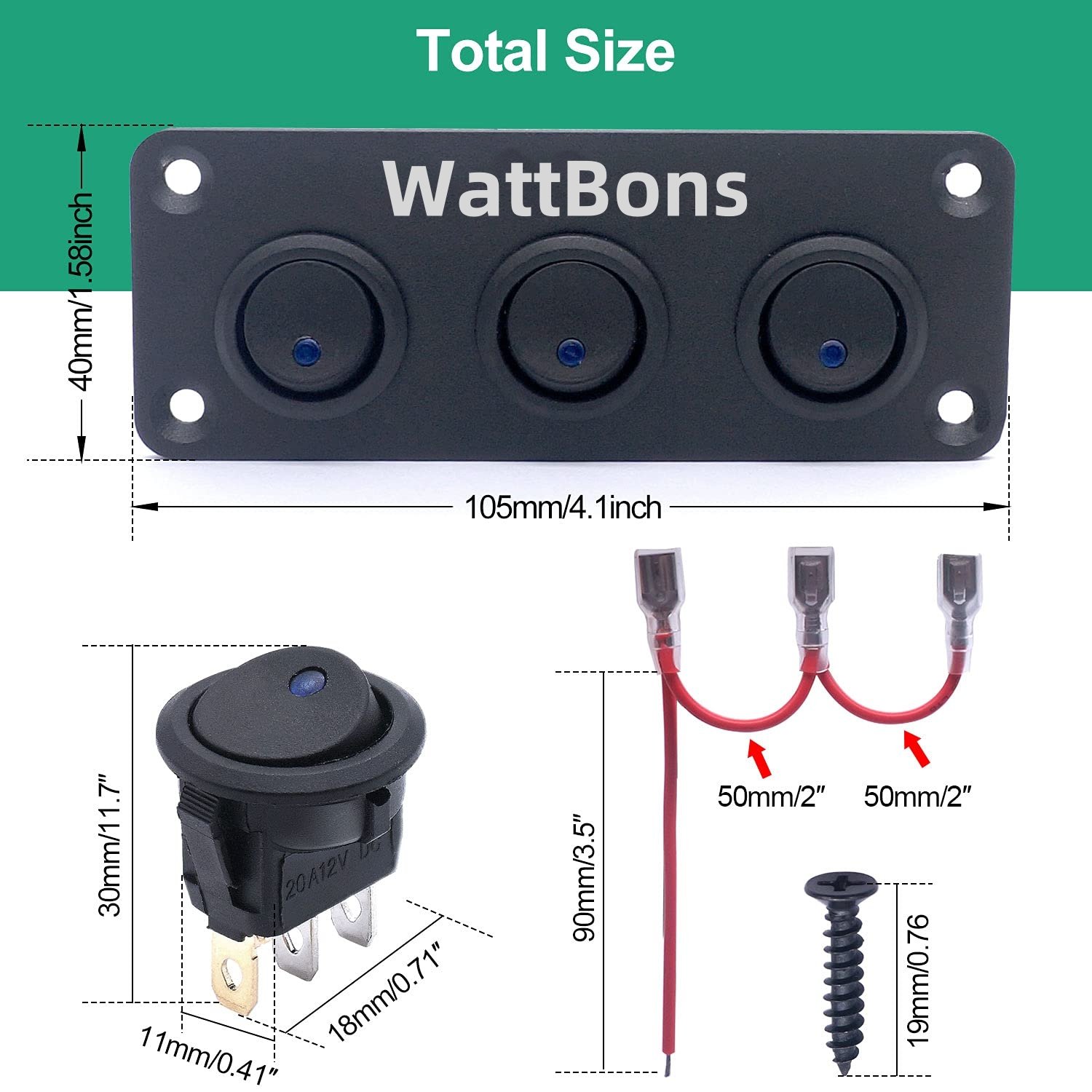 3 Gang Rocker Switch Metal Panel LED 12V 3 PIN Illuminate Round Rocker Toggle Switch on OFF 20A for Car Truck Boat RV ATV