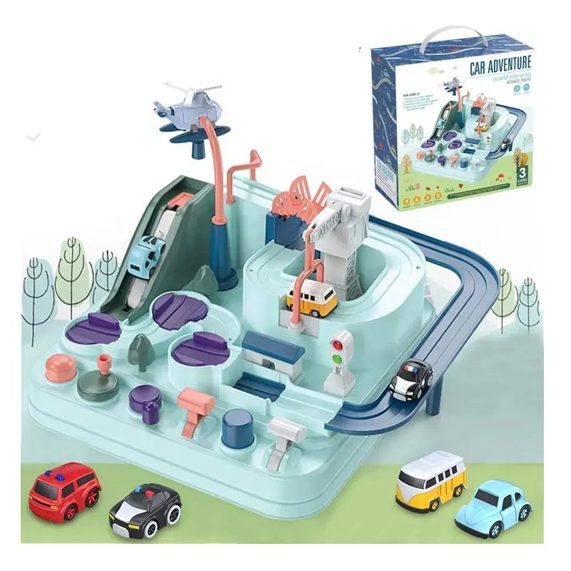 26cm 6-Button Educational Adventure Tracks Train Race Track Toy Kids Railway Brain Game with 4 Mini Cars