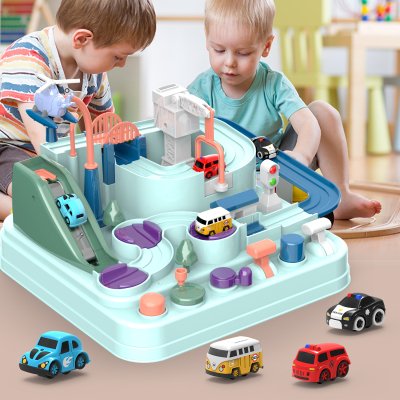 26cm 6-Button Educational Adventure Tracks Train Race Track Toy Kids Railway Brain Game with 4 Mini Cars
