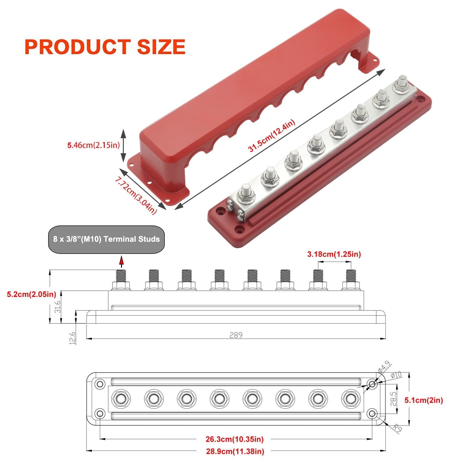 600 a 48V DC BusBar 12 V Power Distribution Block (M10) 8 Studs &Negative Battery Terminal Block for Marine Automotive RV Truck