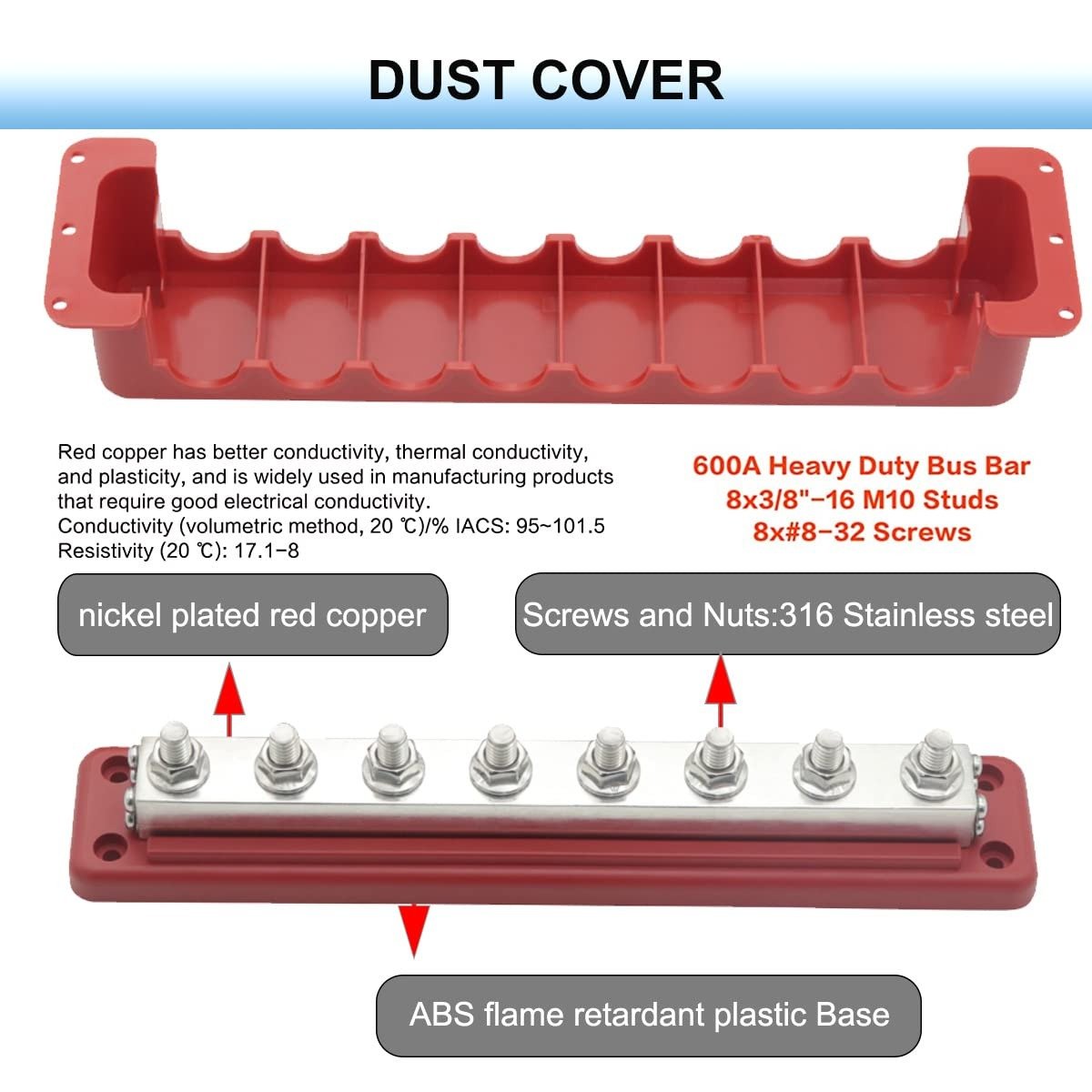 600 a 48V DC BusBar 12 V Power Distribution Block (M10) 8 Studs &Negative Battery Terminal Block for Marine Automotive RV Truck