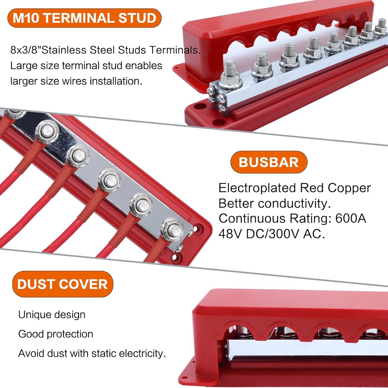 600 a 48V DC BusBar 12 V Power Distribution Block (M10) 8 Studs &Negative Battery Terminal Block for Marine Automotive RV Truck