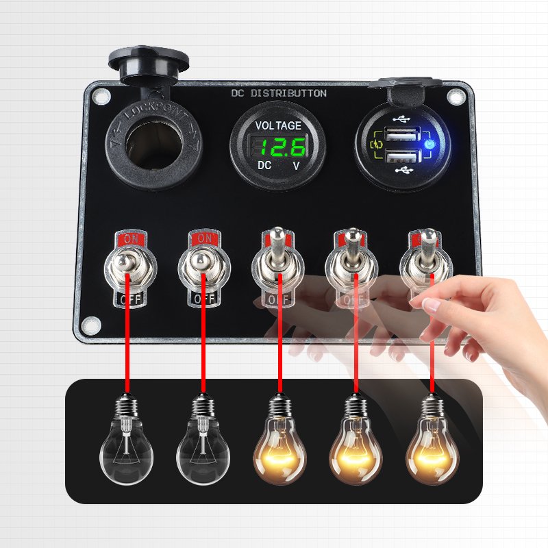 12V 24V 5 Gang Toggle Switch Voltmeter 2 Usb Qc3.0 Car Charger Automotive Rv Camper Marinated Boat Marine Switch Panel