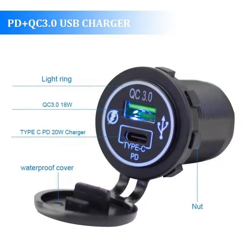 Universal 12V 24V Dual Port Bus Car Socket QC3.0 USB Type C 20W PD USB Car Charger