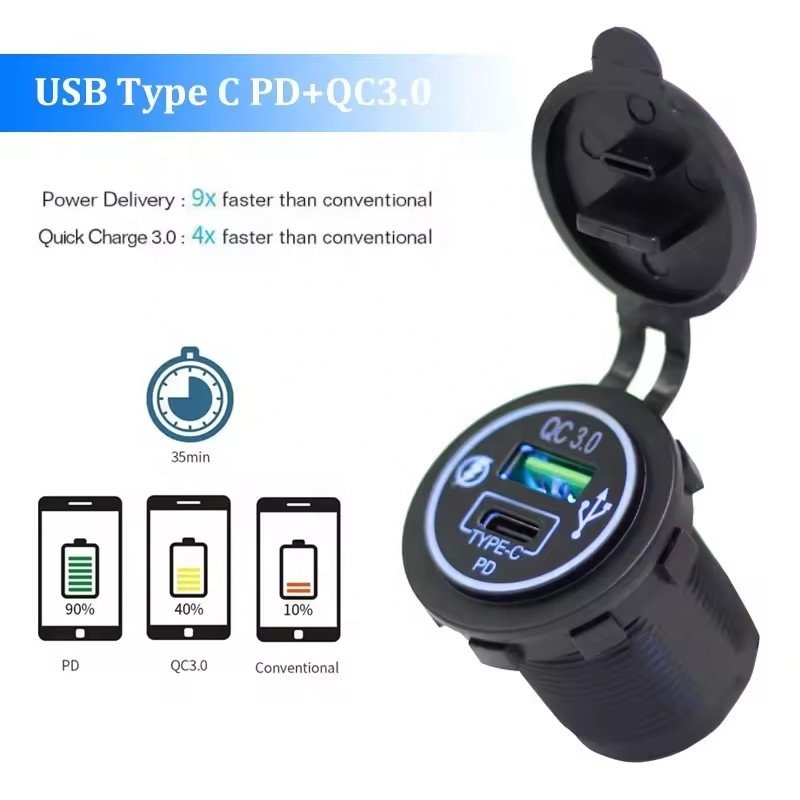 Universal 12V 24V Dual Port Bus Car Socket QC3.0 USB Type C 20W PD USB Car Charger