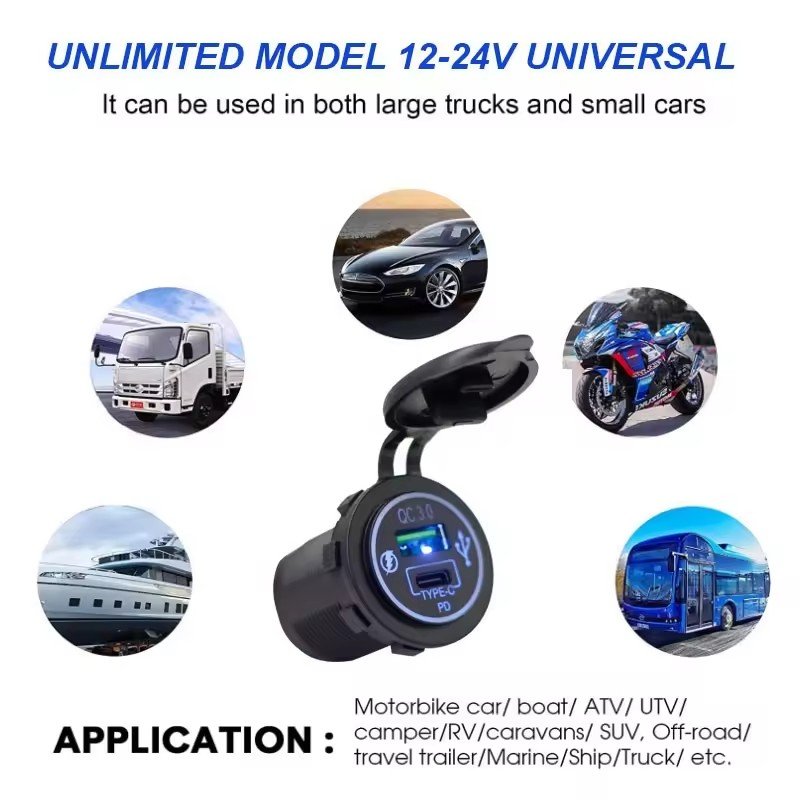 Universal 12V 24V Dual Port Bus Car Socket QC3.0 USB Type C 20W PD USB Car Charger