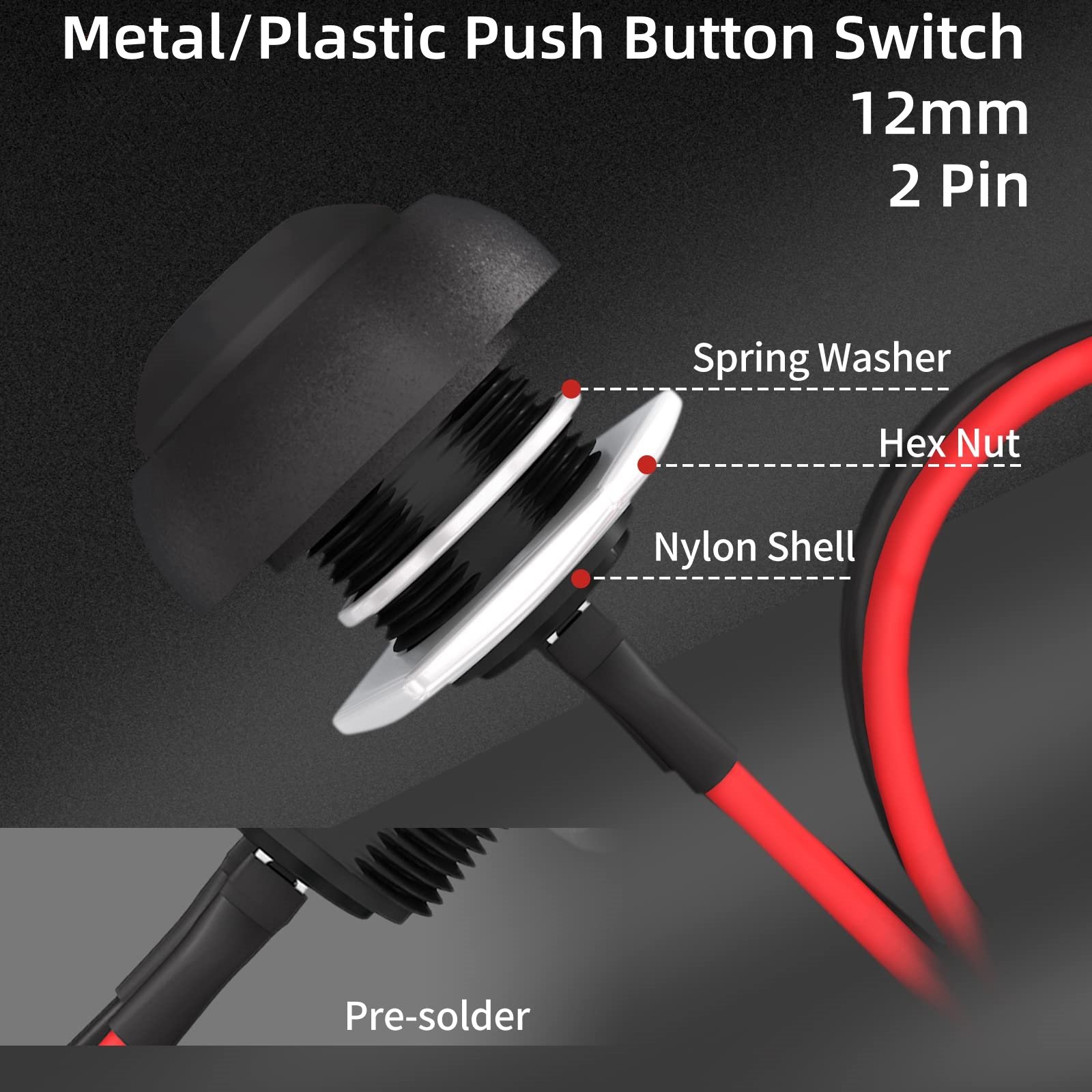 Momentary Push Button Switch 12mm 2 Pin 1A 250VAC/3A 125V AC Marine Waterproof Micro Round Plastic Switch Button with 20awg Wire