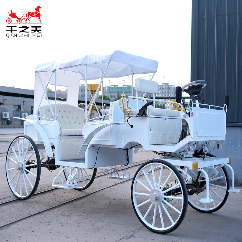 Qianzhimei Electric Sightseeing Carriage White Horse Design Folding Shed for Weddings Sightseeing Unique Special Transportation