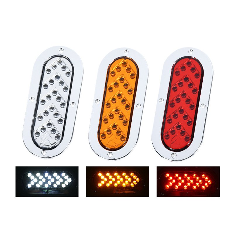 6 Inch Oval ARROW Turn Signal Lights 25 LED Tail Lights with Chrome Bezel Surface Mount for Truck Trailer Trail Bus Dump Truck