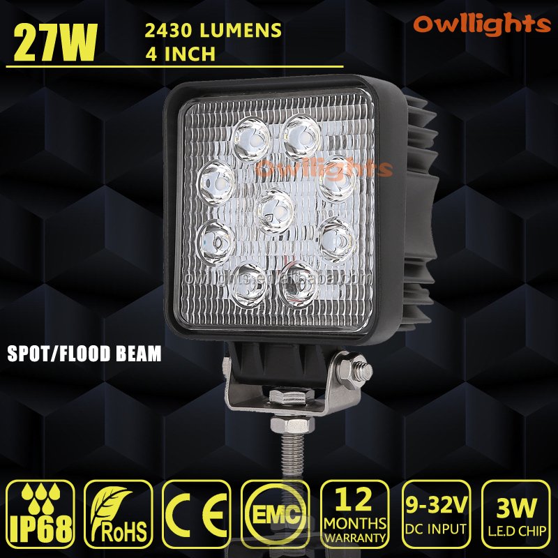 Super Bright Square Yellow Lens Spot Driving Lights 27W Square off Road Auto Working Fog Lamp 4inch Car Led Work Light 12V 24V