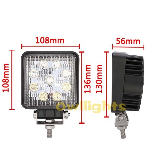 Super Bright Square Yellow Lens Spot Driving Lights 27W Square off Road Auto Working Fog Lamp 4inch Car Led Work Light 12V 24V