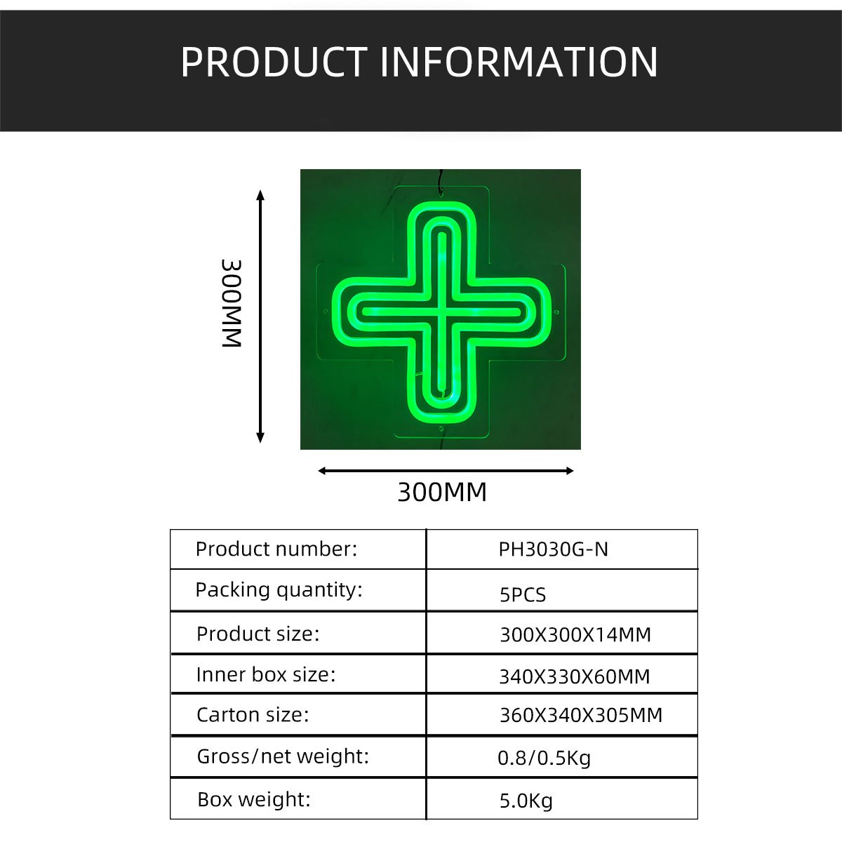 12*12'' High Bright Indoor Acrylic LED Cross Pharmacy Neon Sign for Drug Store