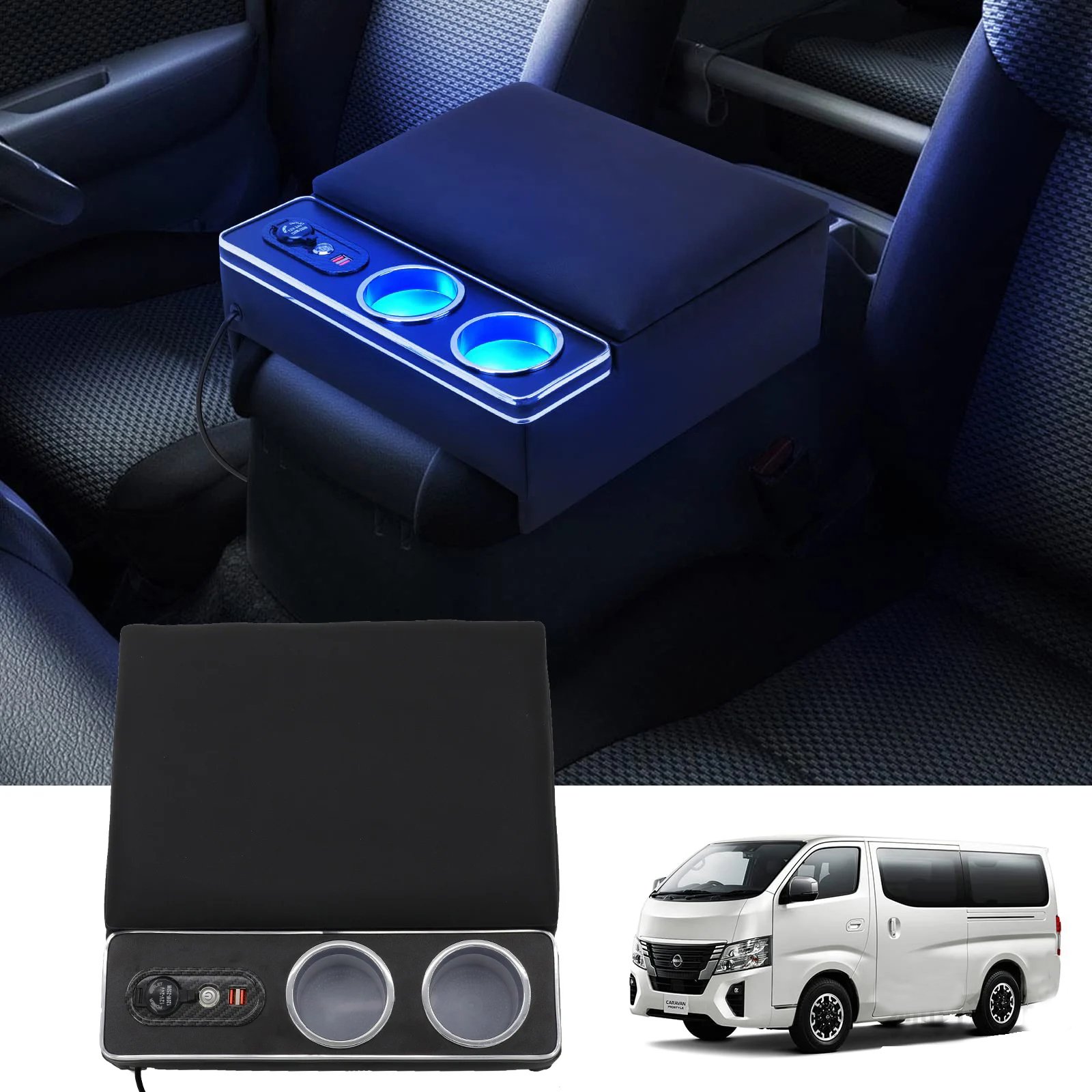 For Nissan NV350 Parts Console Box Armrest Easy Installation Drink Holder with USB Port Boolean LED Lighting Accessory Holder