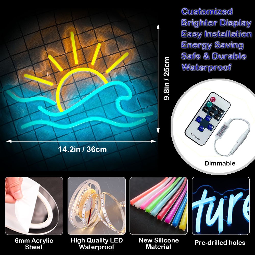 Sunrise Sunset Neon Sign for Living Room Bar Cafe Game Room Decor Dimmable Sun Over Sea Neon Light Twilight Wave LED Neon