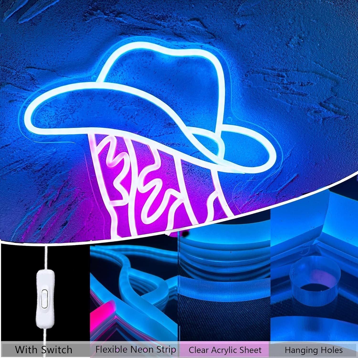 USB Powered Neon Light Decor Cowboy Boot and Hat Wall Art Pink Aesthetic Western LED Sign Acrylic Material for Game Room