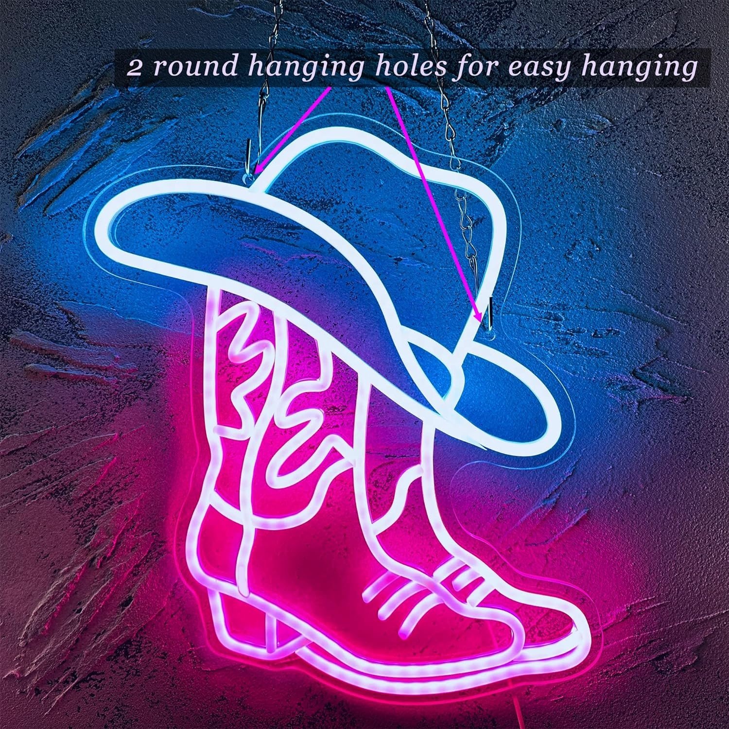 USB Powered Neon Light Decor Cowboy Boot and Hat Wall Art Pink Aesthetic Western LED Sign Acrylic Material for Game Room