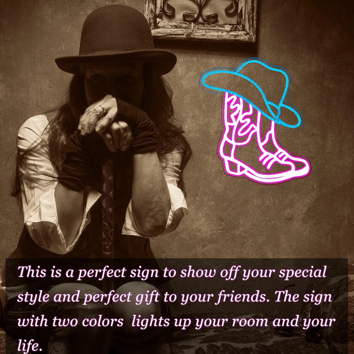 USB Powered Neon Light Decor Cowboy Boot and Hat Wall Art Pink Aesthetic Western LED Sign Acrylic Material for Game Room
