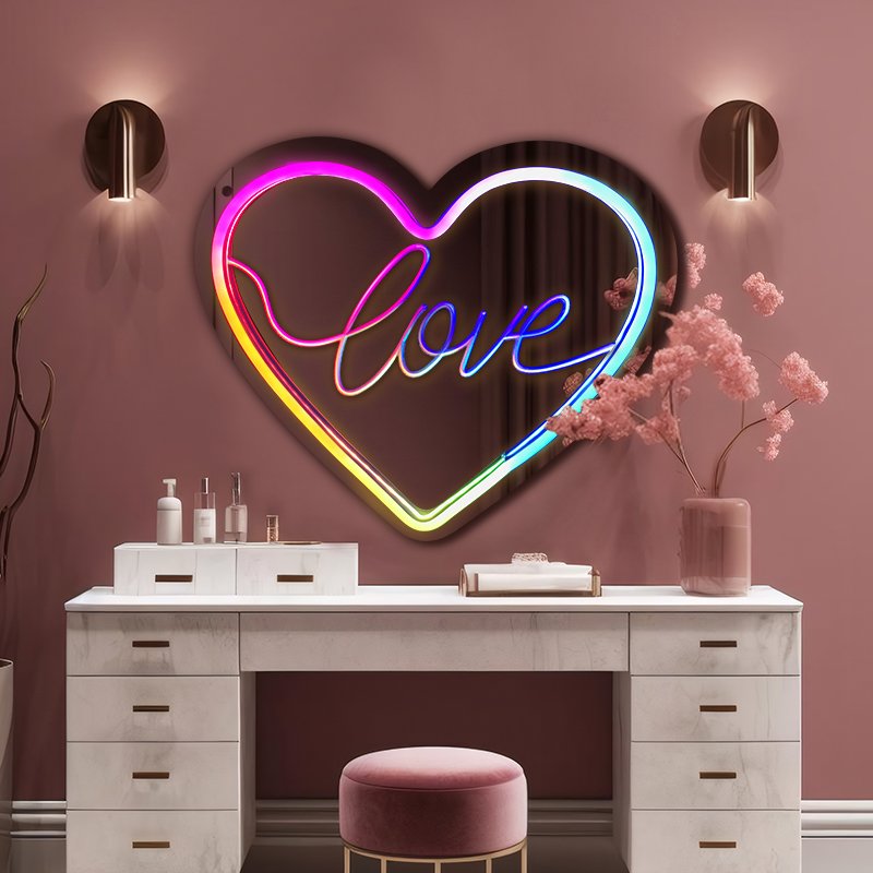 Free Design Personalized Neon Sign Custom Heart Mirror Acrylic Led Neon Light for Bedroom Birthday Party Home Wedding Decor